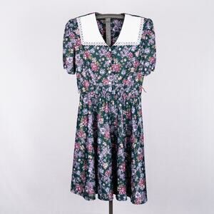 Vintage 80s 90s Floral Dress Sailor Collar Forest Green Purple Handmade MEDIUM